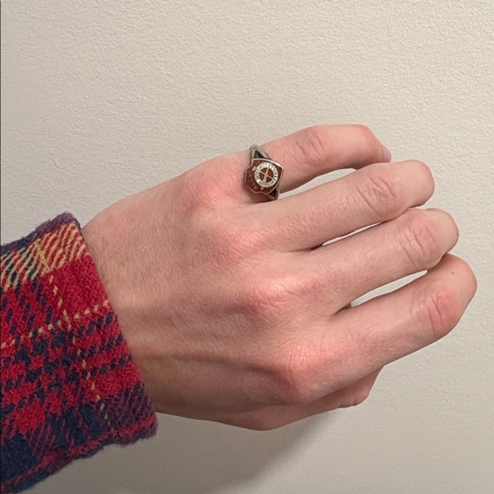 Vintage 1950s Sterling Silver and Red Emblem Ring .925 Antique size 7 approx